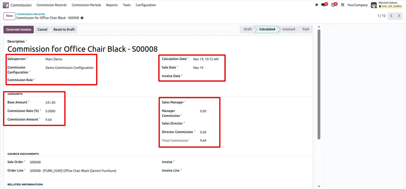 A sales commission record form view in Odoo