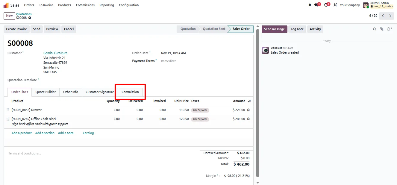 The commission notebook page shown on an Odoo sales order