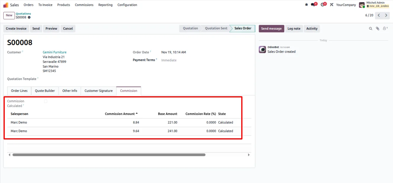 Commission notebook page form view on an Odoo sale order