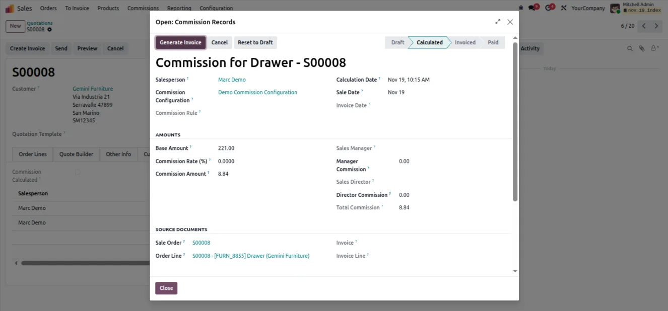 Commission breakdown inside the sales order notebook page in Odoo