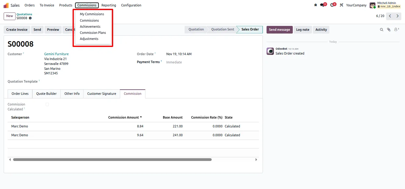 The Advanced Sales Commission menu structure in Odoo