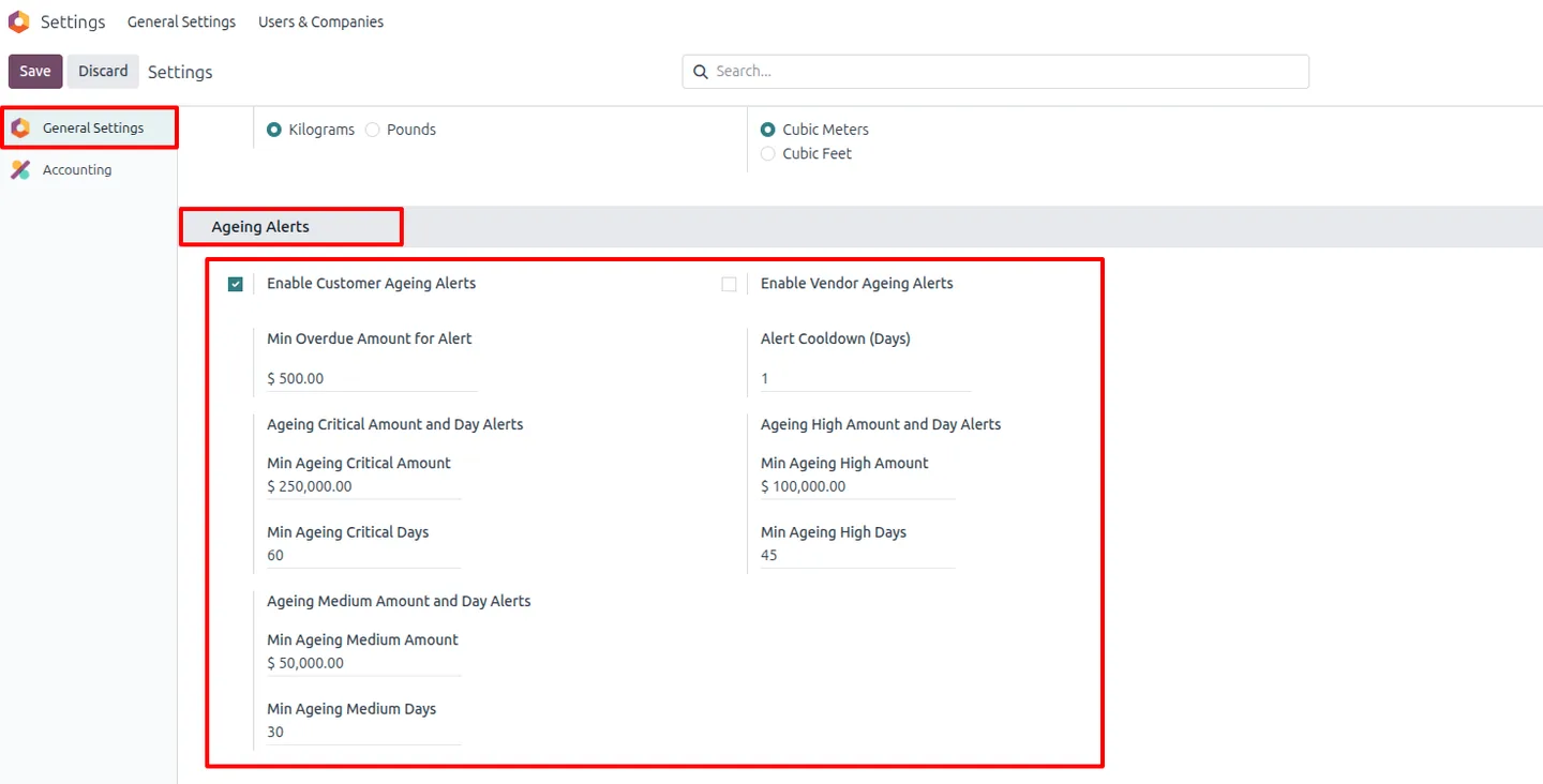 Ageing Alerts threshold configuration in the Odoo general settings