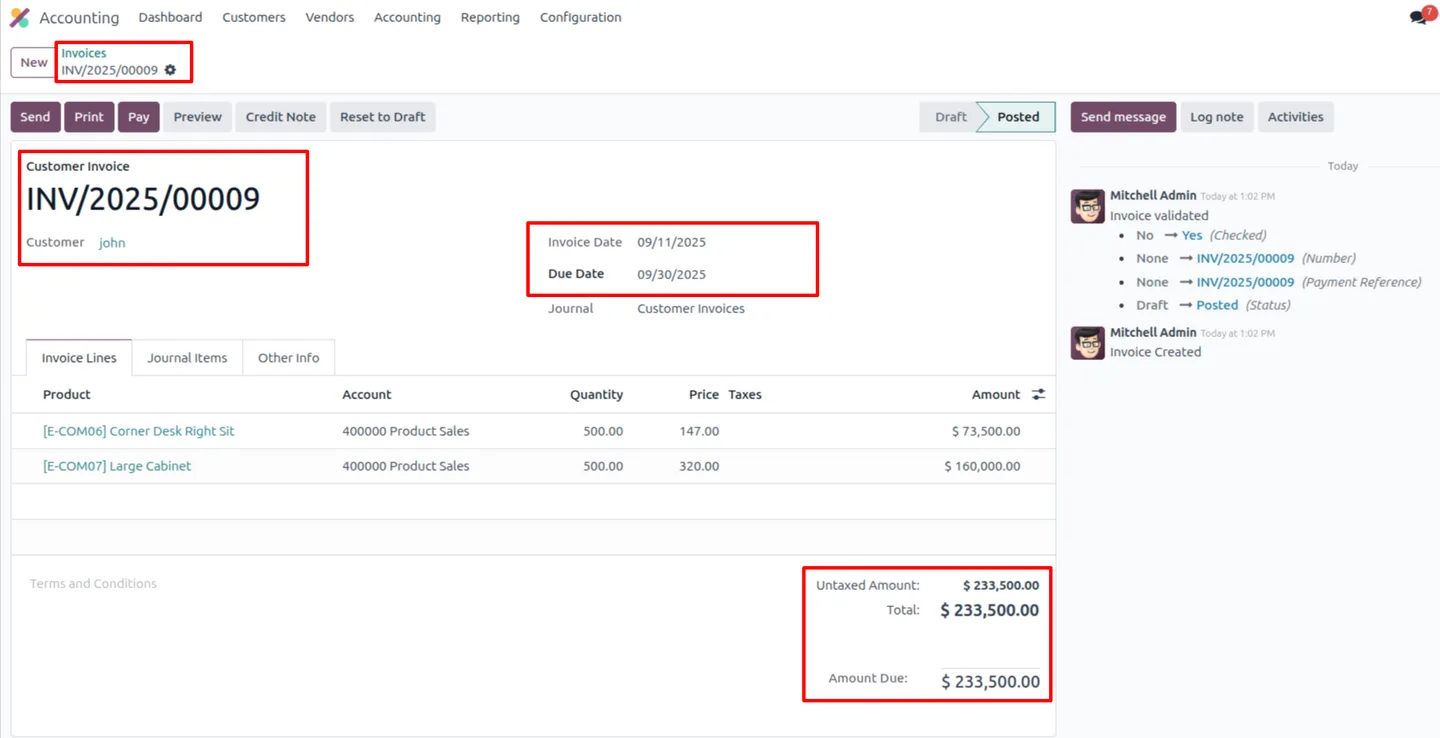 An overdue customer invoice carrying an ageing risk alert in Odoo