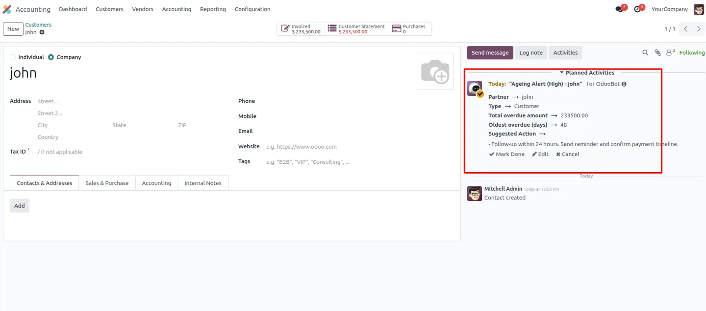 Ageing alert log message posted on a customer invoice in Odoo