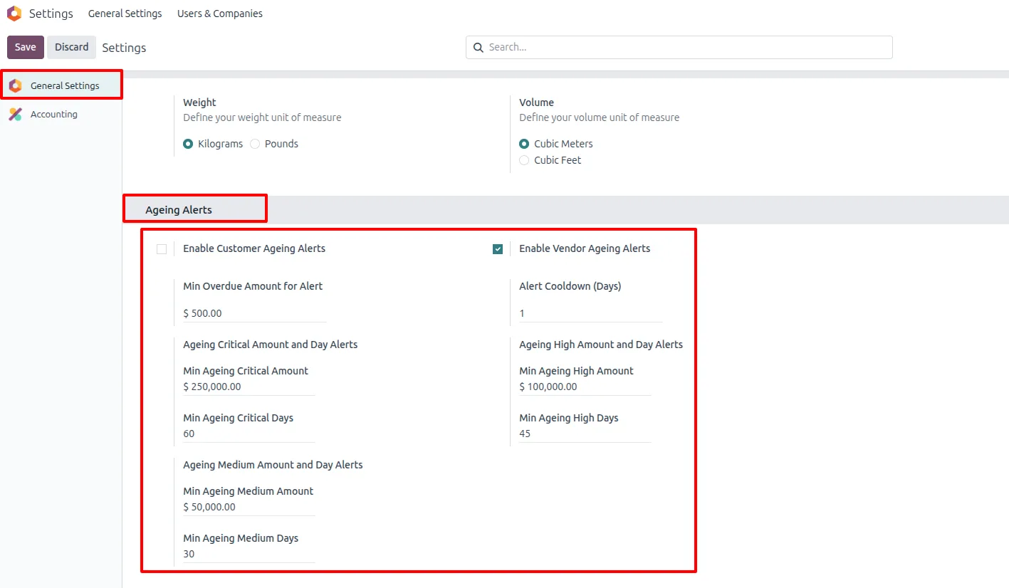 Customer and vendor ageing alert settings shown side by side in Odoo