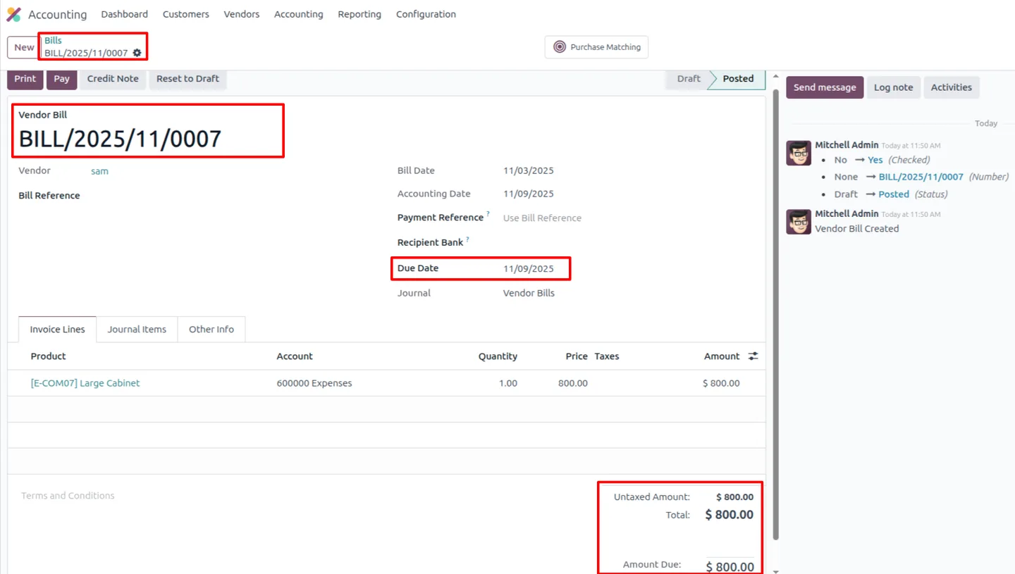 An overdue vendor bill flagged with an ageing risk level in Odoo
