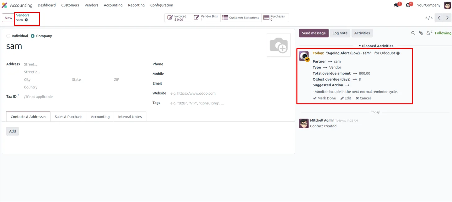 Ageing alert log message posted on a vendor bill in Odoo