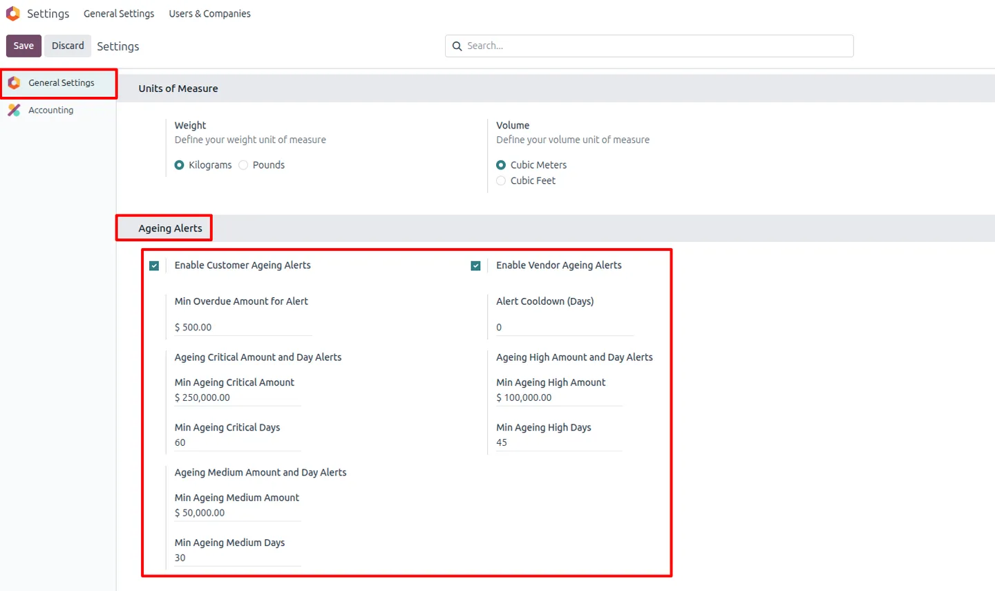 Critical, High, and Medium ageing alert thresholds configured in Odoo