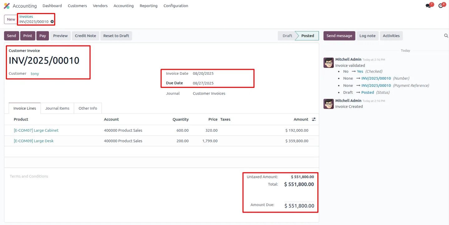 A customer invoice showing both customer and vendor ageing alerts in Odoo