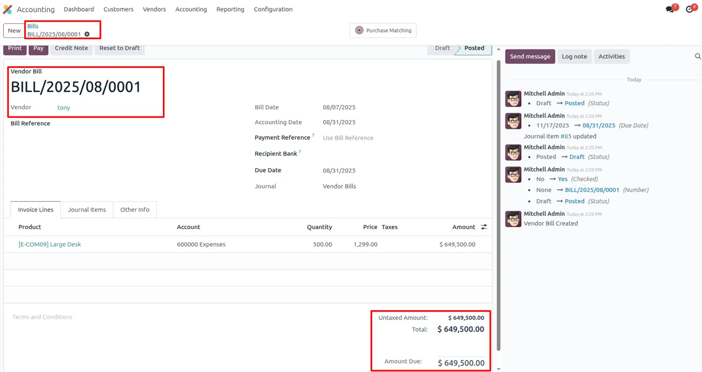 A vendor bill showing combined ageing alert details in Odoo