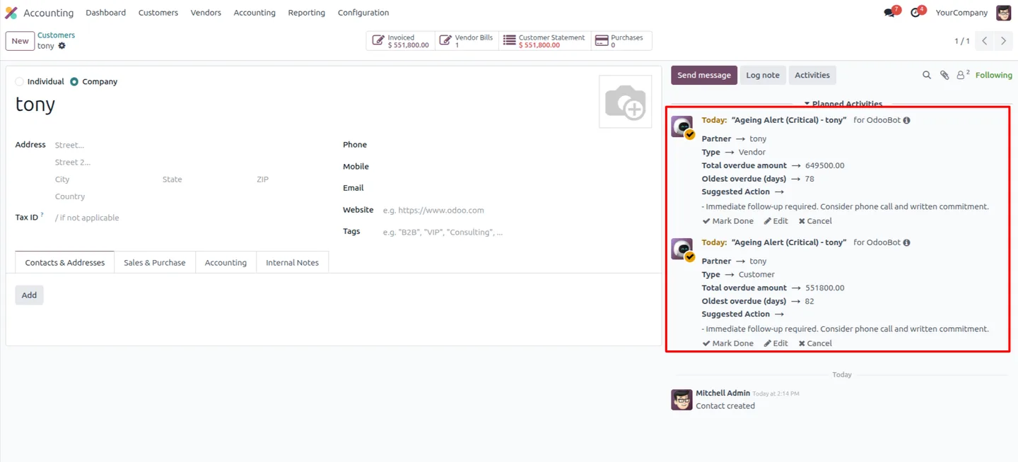 Combined customer and vendor ageing alert log messages in Odoo