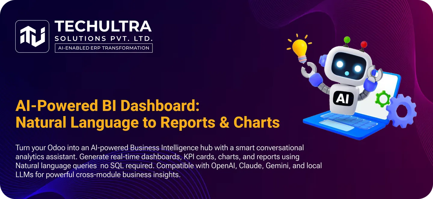 AI BI Dashboard hero — natural-language analytics for Odoo 19 by TechUltra