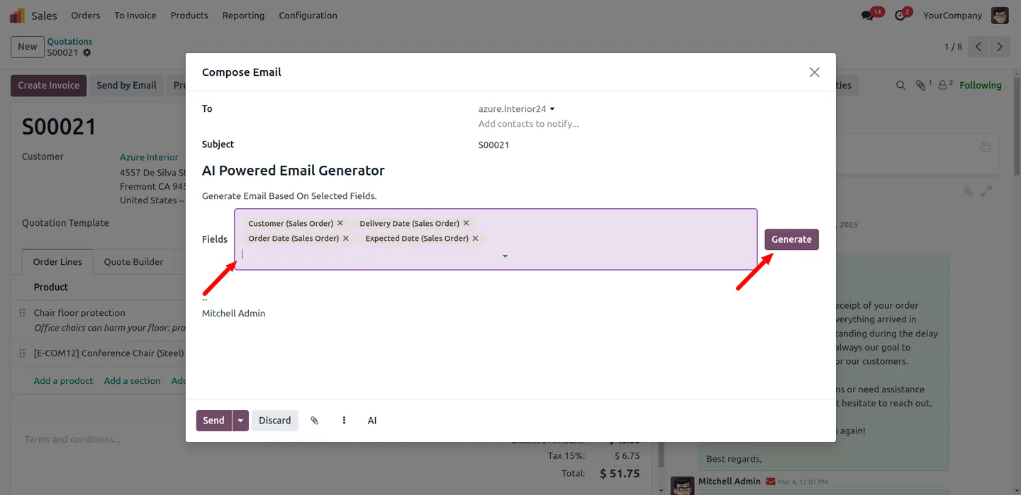 Reviewing and editing an AI-generated email draft in Odoo