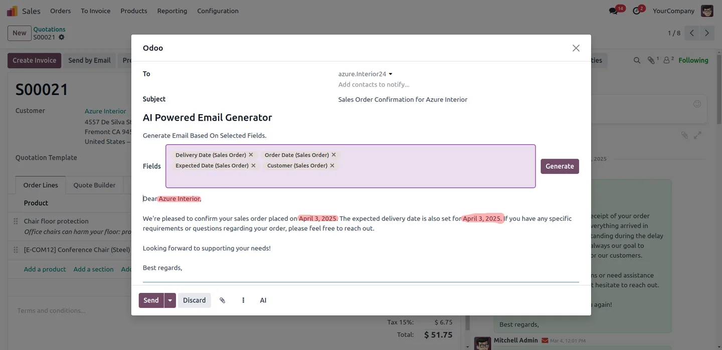 A personalized AI-generated email ready to send from Odoo