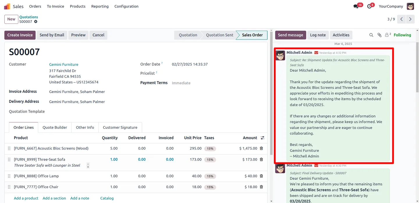 Editing the AI-generated email draft before sending it from Odoo