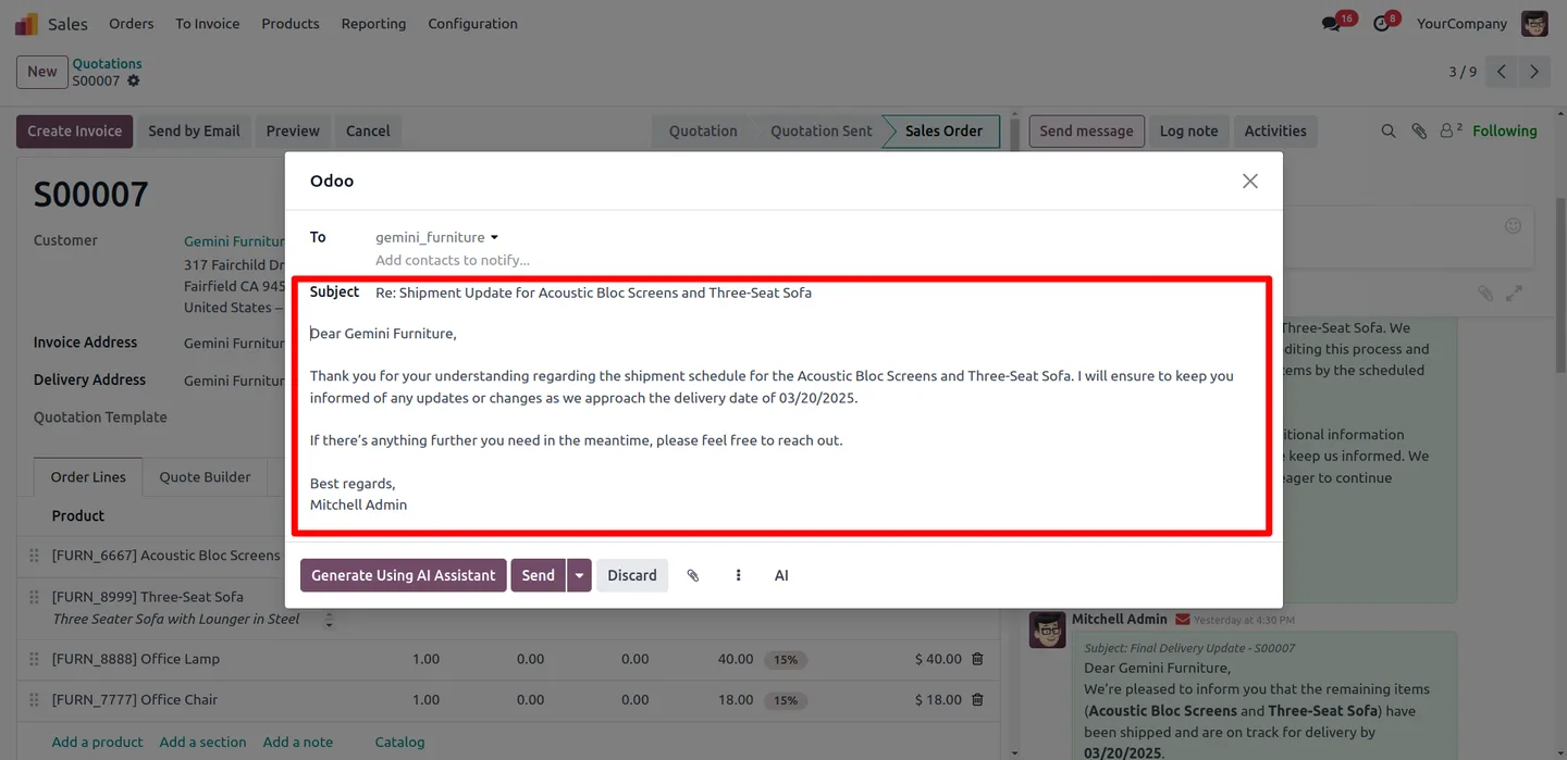 An AI-drafted email reply sent from the Odoo chatter