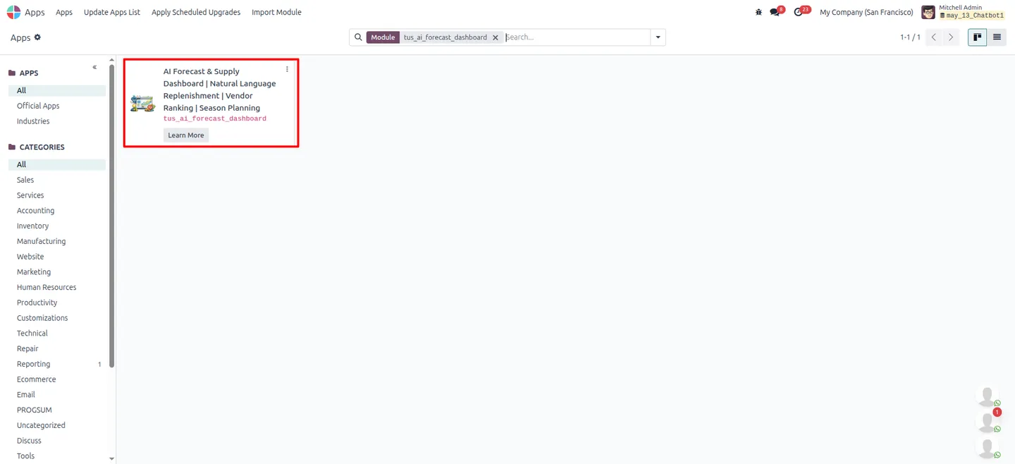 Natural-language query building a custom forecast dashboard in Odoo