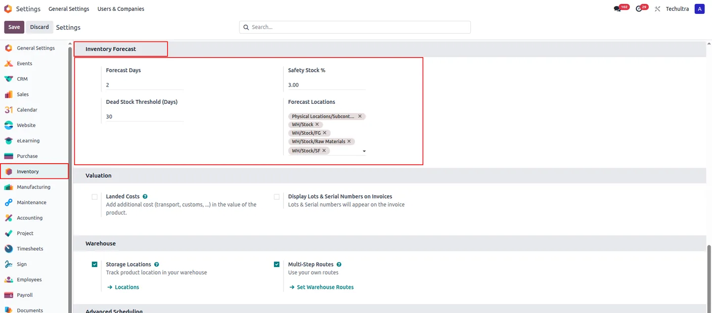 AI Inventory Forecast graph view of predicted product demand in Odoo