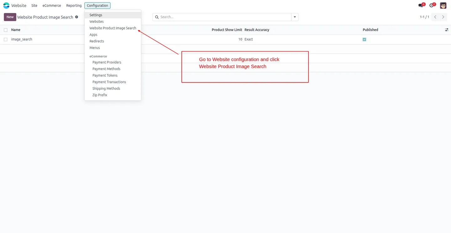The image search icon in the Odoo shop search bar
