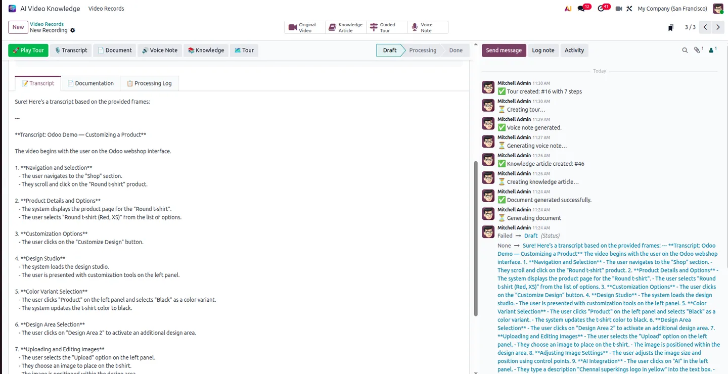 Generated Odoo web tour and Knowledge article from a screen recording