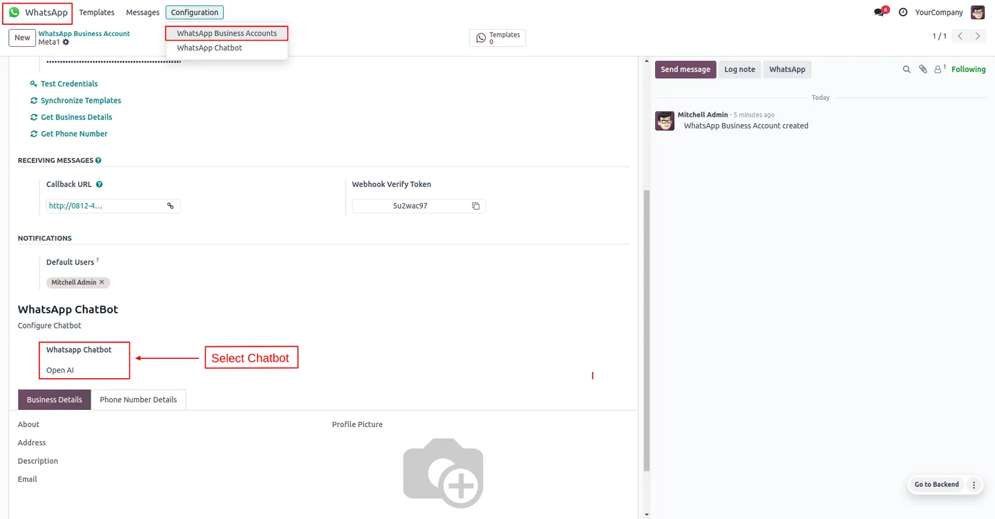 WhatsApp chatbot setup on Odoo Enterprise WhatsApp Messaging