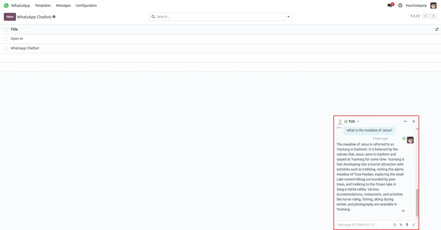 AI WhatsApp Chatbot interaction records in Odoo Enterprise