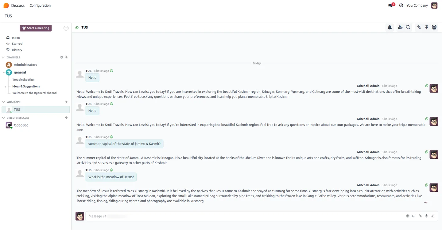 AI WhatsApp Chatbot performance dashboard in Odoo Enterprise