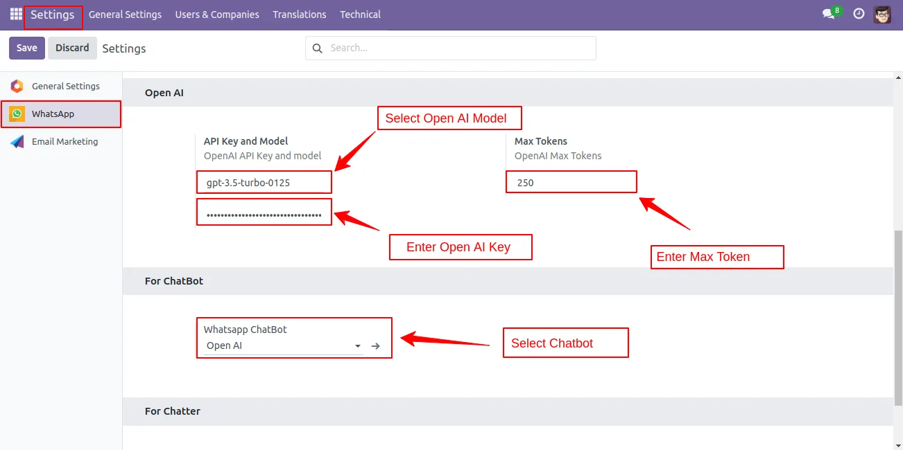 OpenAI model and API key configuration for the AI WhatsApp Chatbot in Odoo