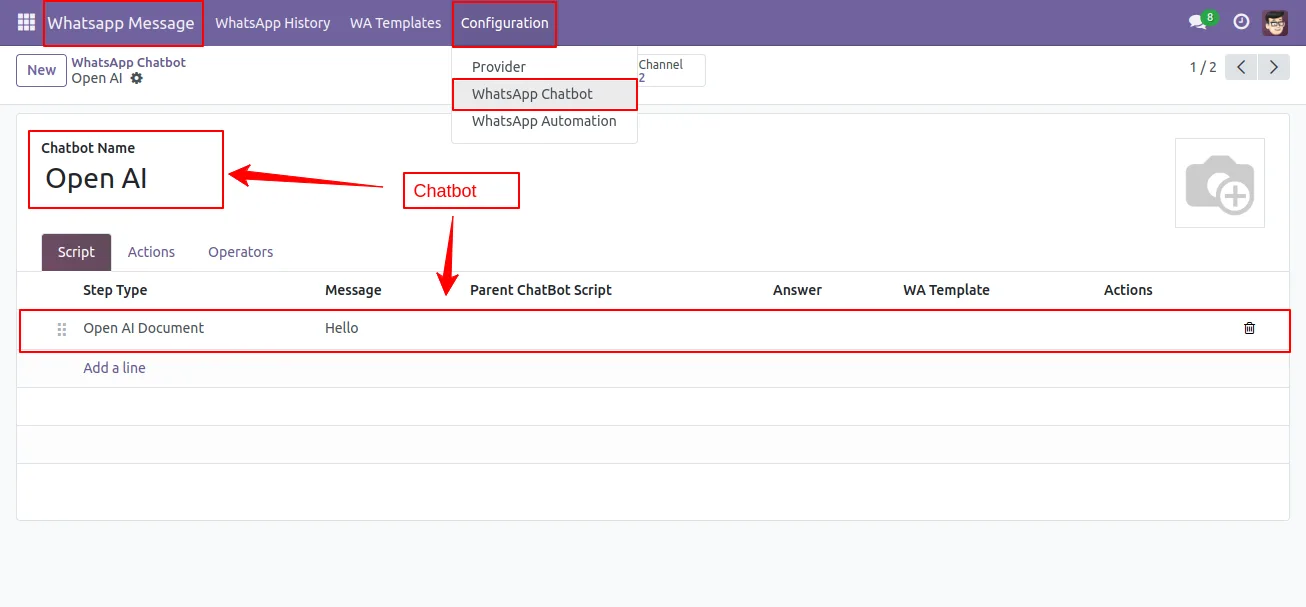 WhatsApp chatbot configuration screen in Odoo