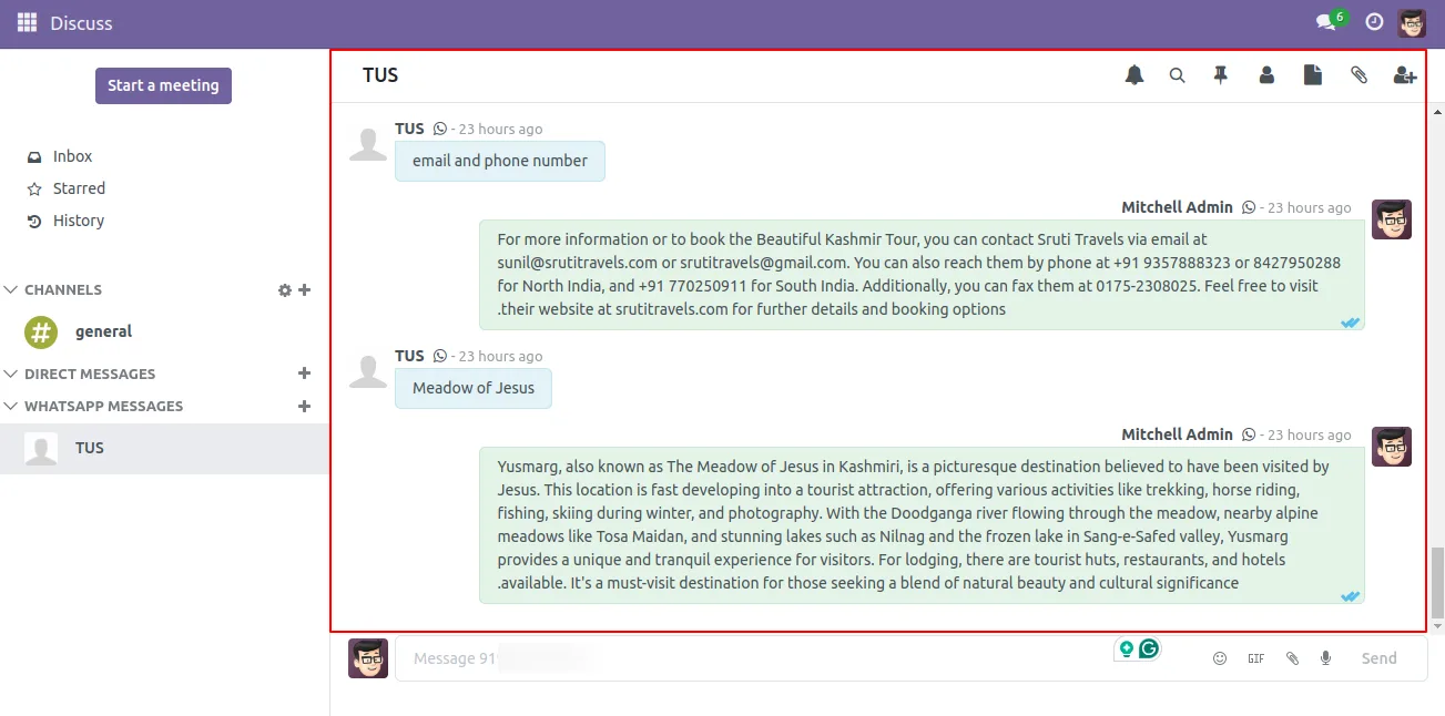 AI WhatsApp Chatbot interaction history and performance view in Odoo