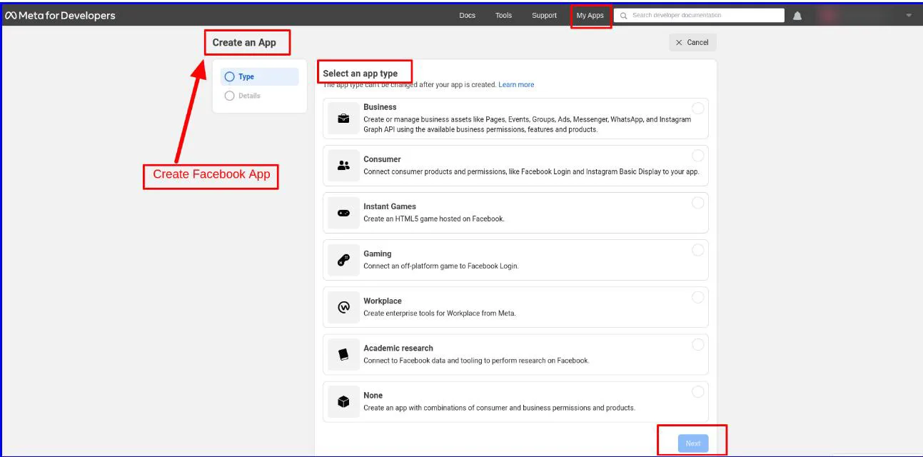 Creating a new app in the Meta developer console for WhatsApp