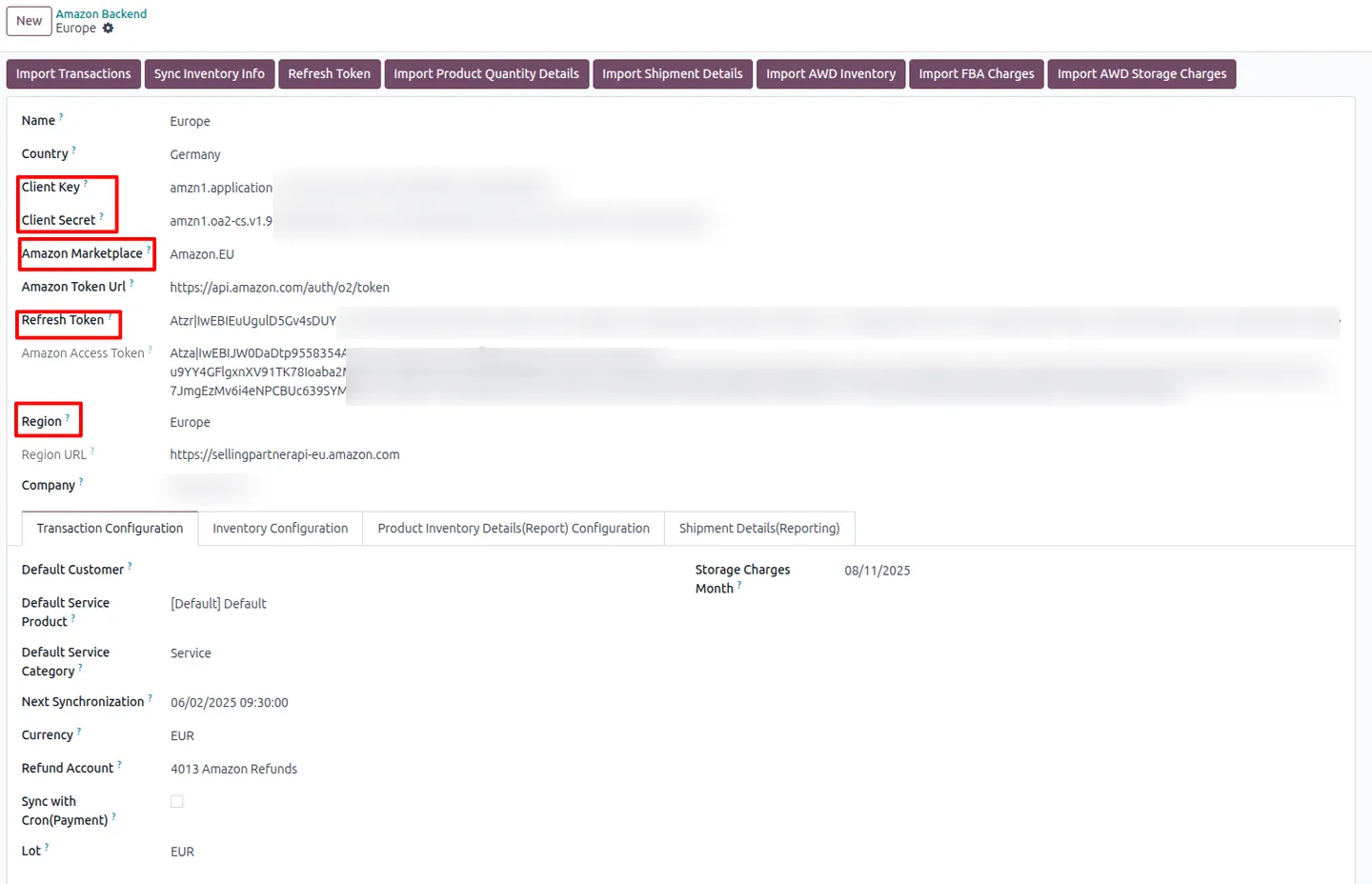 Amazon backend configuration in Odoo with SP-API credentials and region