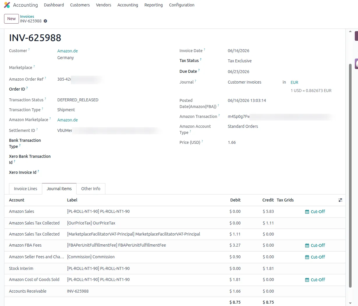 Amazon financial event journal entry with GL account mapping in Odoo