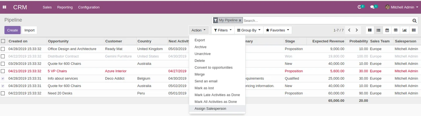 Bulk Assign Salesperson action available from the Odoo CRM lead list