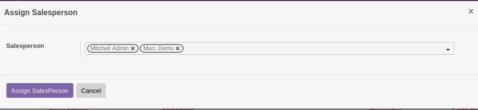 Assign Salesperson wizard selecting the target salesperson for multiple Odoo leads