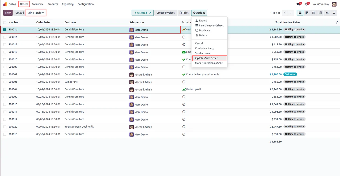 Creating a Zip File server action on a model in Odoo