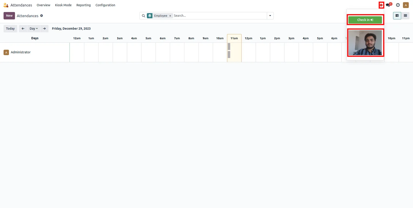 Live webcam preview shown on the Odoo Attendances check-in screen