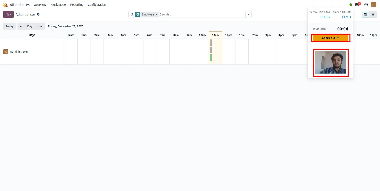 Live webcam preview shown on the Odoo Attendances check-out screen