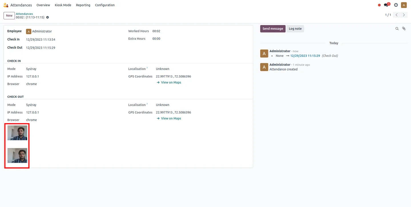Attendance record in Odoo showing the captured check-in and check-out photos side by side