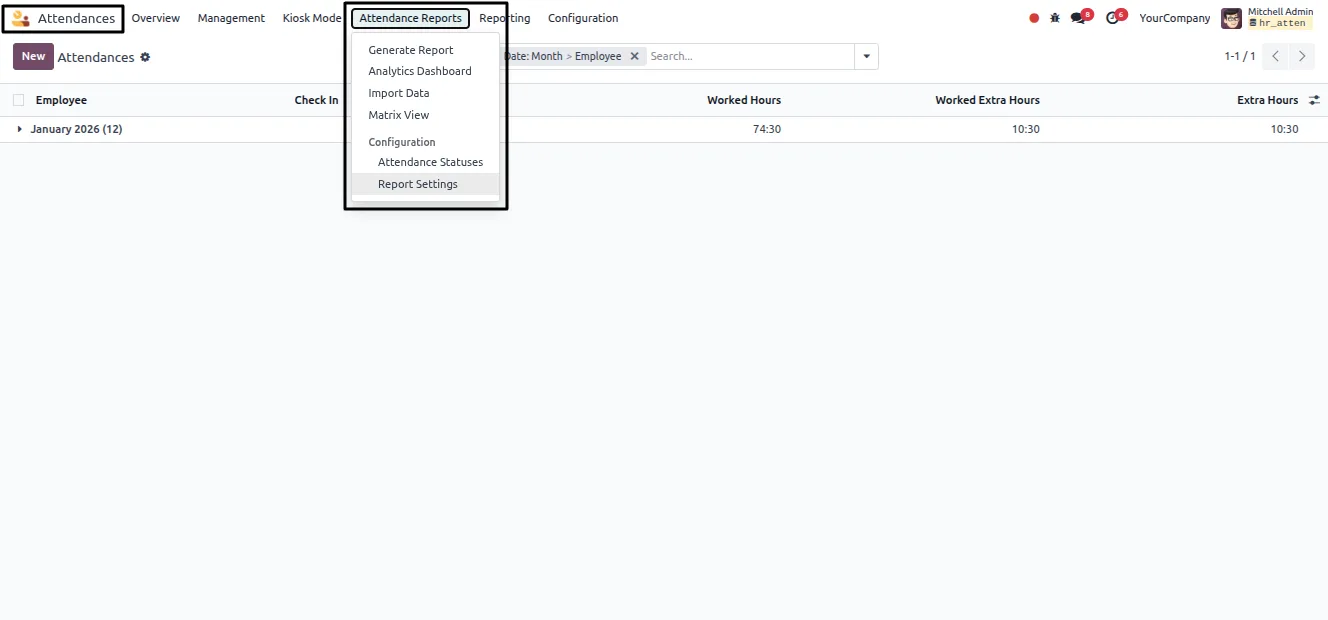 The attendance report generation wizard with type and date filters in Odoo