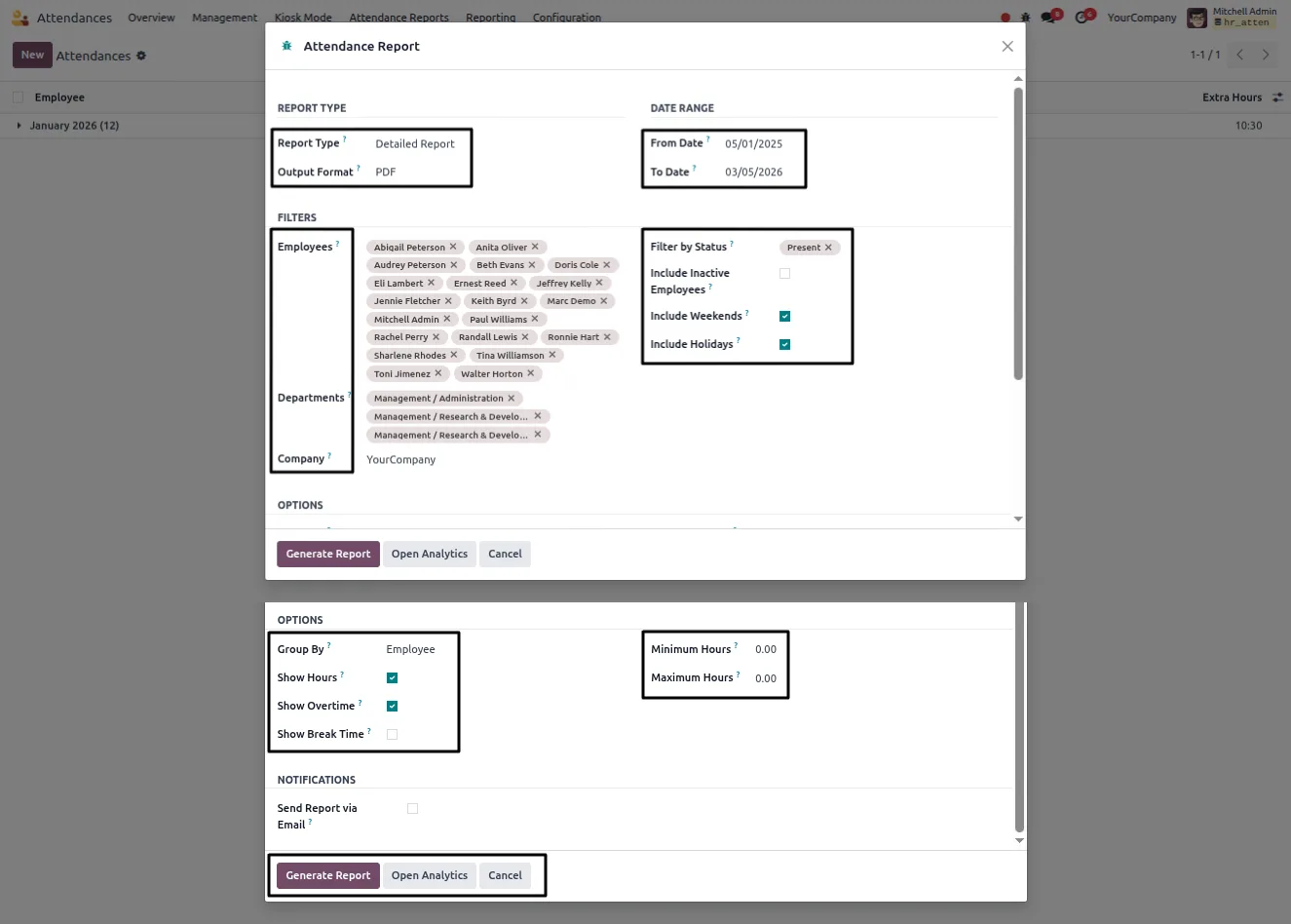 A detailed PDF attendance report generated by Odoo