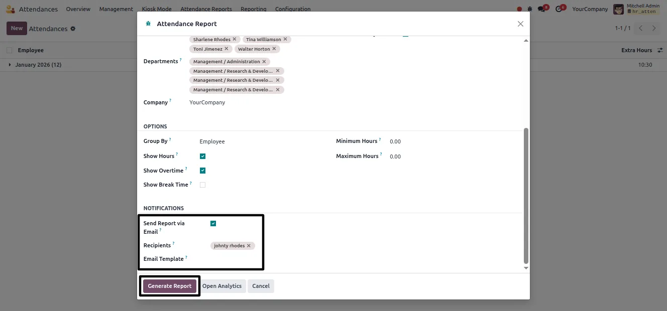 A summary attendance report with department-wise totals in Odoo