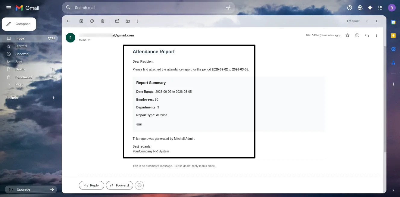 The attendance analytics dashboard with charts in Odoo
