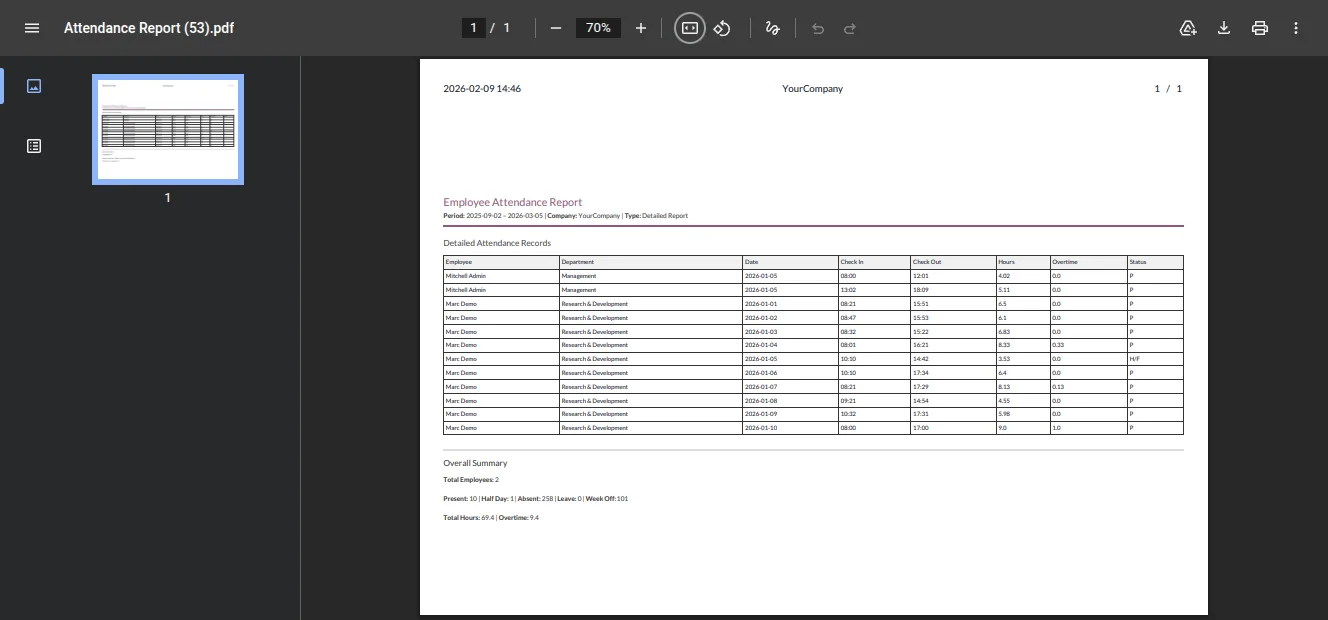 The colour-coded employee attendance matrix view in Odoo