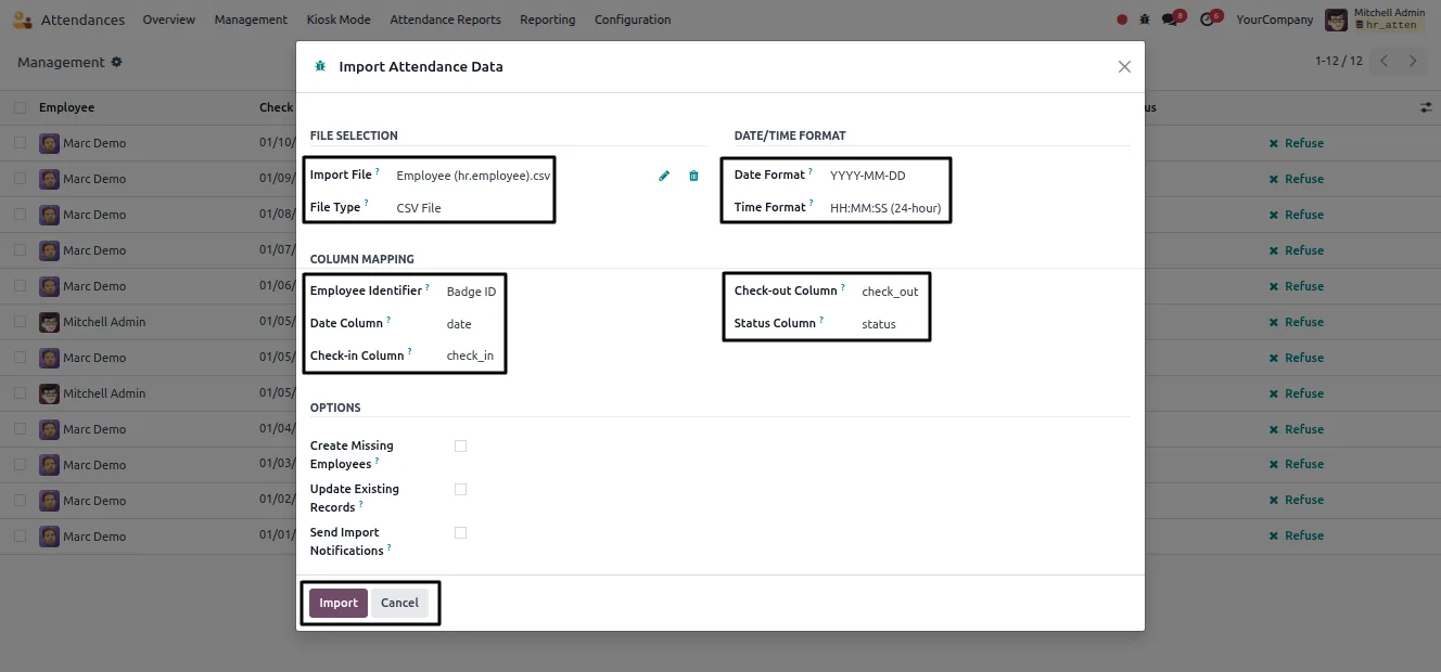 Company-level attendance report rules in Odoo Report Configuration