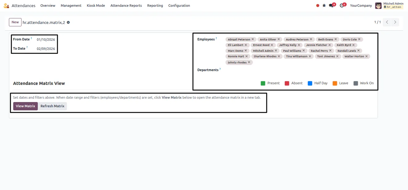 The bulk attendance data import screen with column mapping in Odoo