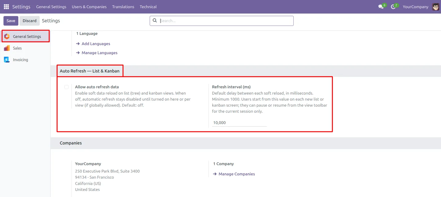 Auto Refresh List & Kanban settings with the feature switched off in Odoo