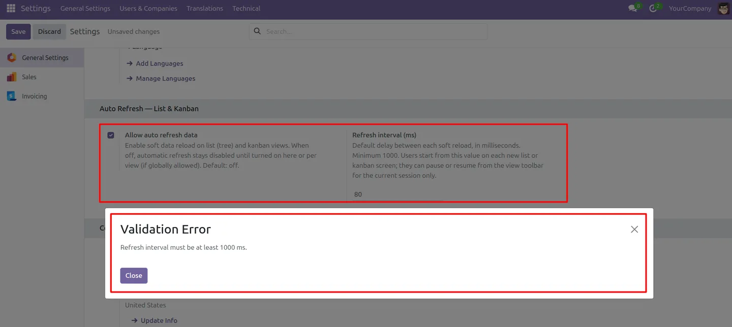 Validation rejecting a refresh interval below the safe minimum in Odoo