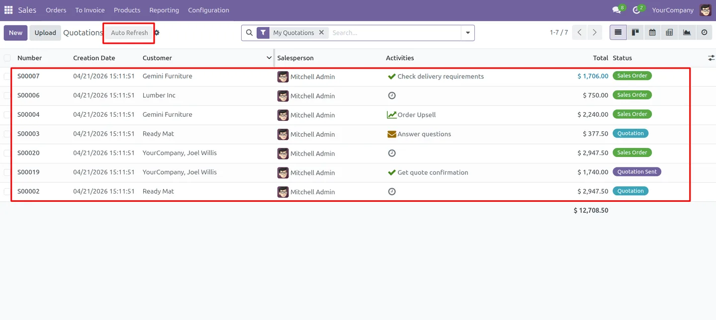 An Odoo list view with auto refresh disabled