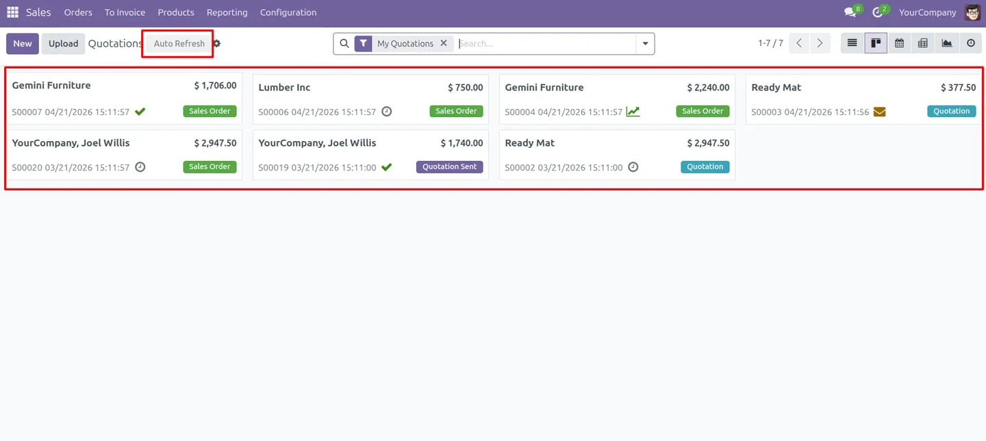 An Odoo Kanban view with auto refresh disabled